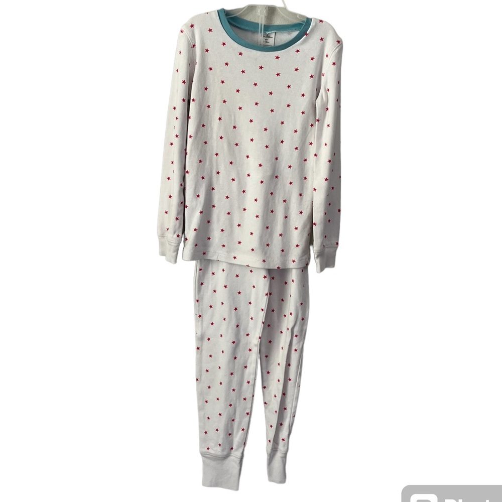 Mini Boden White Long Sleeve Pajamas With Blue Collar & Red/Pink? Stars Size 6